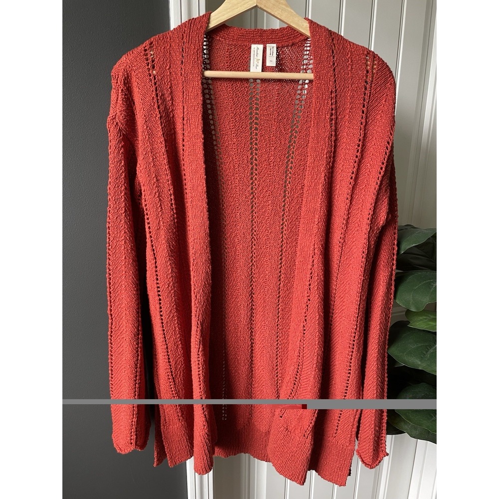 Meadow Rue Anthropologie Open-Knit Cardigan Sweater Rust Burnt Orange XS Cotton